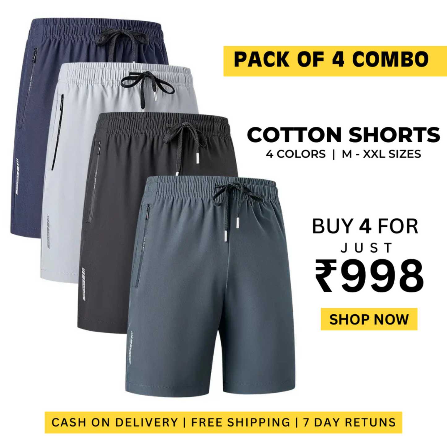 Combo of 4 Men's Stretchable Cotton Shorts for summers ☀️(₹199/piece)