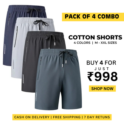 Combo of 4 Men's Stretchable Cotton Shorts for summers ☀️(₹199/piece)