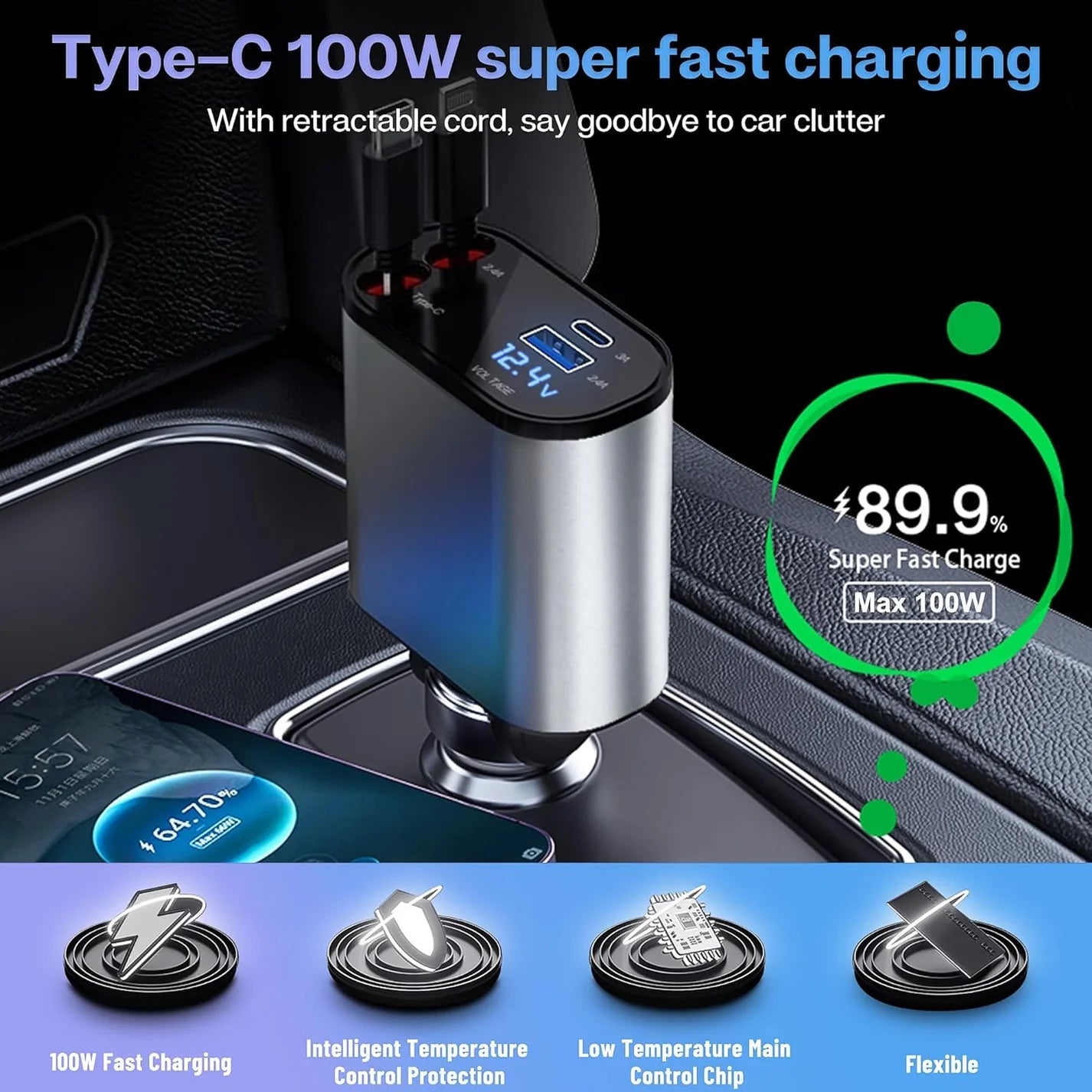 Retractable 120W Fast Car Charger | Compact & Tangle-Free Cable